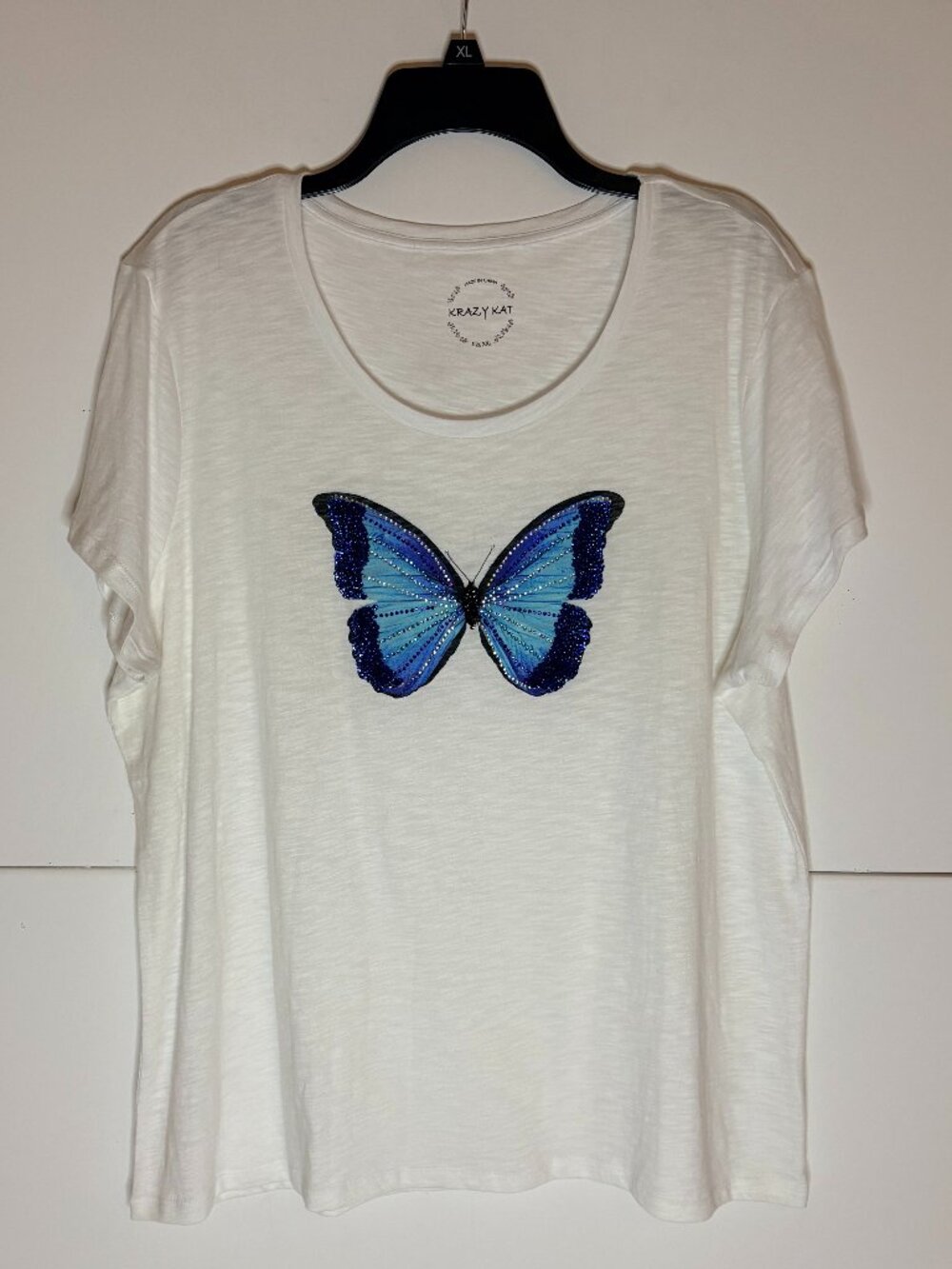 Krazy Kat Woman's Light Weight Blue Butterfly White Summer Tee Shirt Size XXL